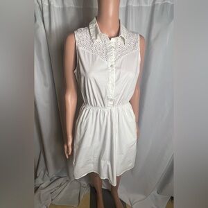 Monteau White Eyelet Sleeveless Shirt Dress Elastic Waist Pockets Size L